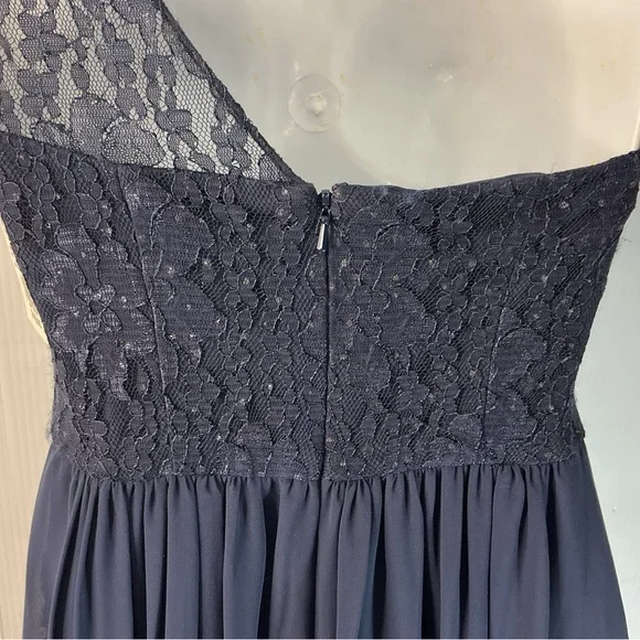 David's Bridal Navy Strapless Lace Bodice Gown with Beaded Waist - Picture 4 of 9